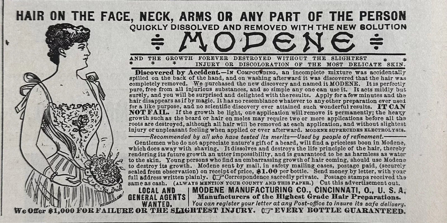 1896 Modene Hair Removal Quack Medicine Antique Print Ad, Quackery Memorabilia
