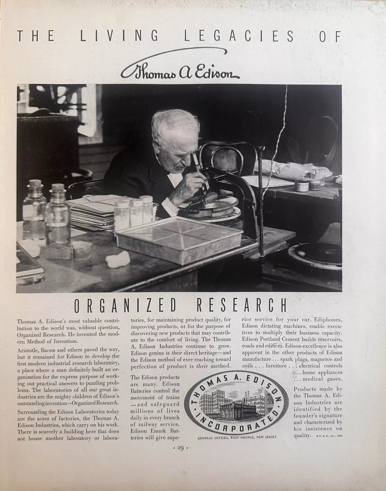 1934 Thomas A. Edison Industries “Organized Research” Original Print Ad