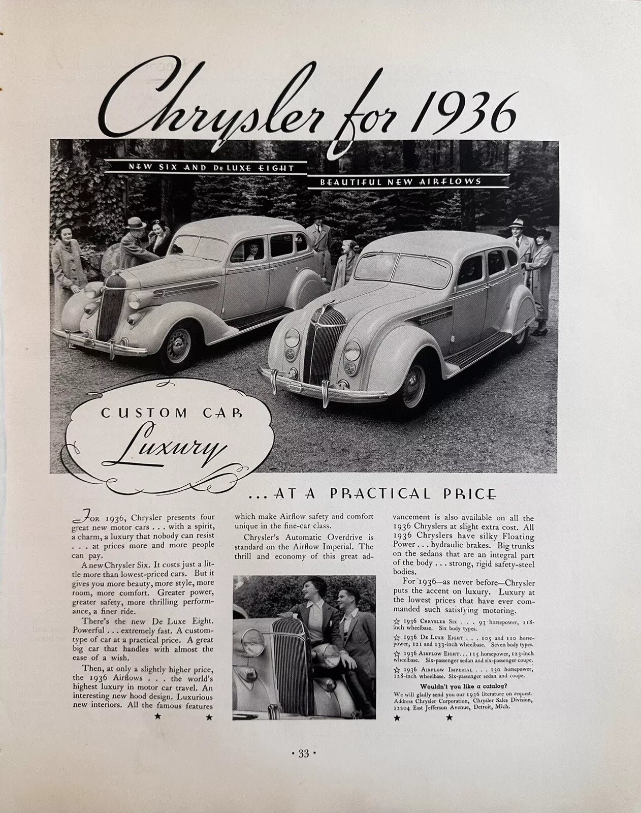 1935 Chrysler Airflows & DeLuxe Eight Cars Original Vintage Print Ad