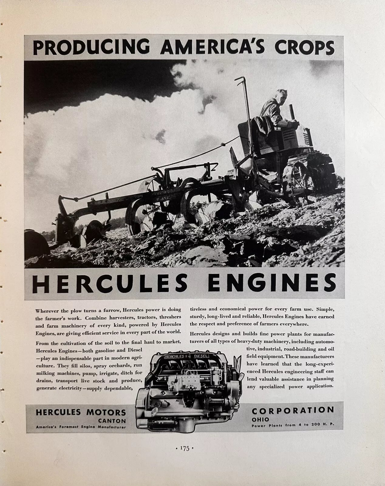 1935 Hercules Engines “Producing America’s Crops” Original Print Ad