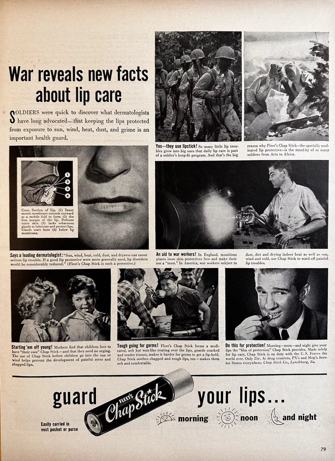 1943 Chap Stick Original Print Ad "War Reveals New Facts About Lip Care"