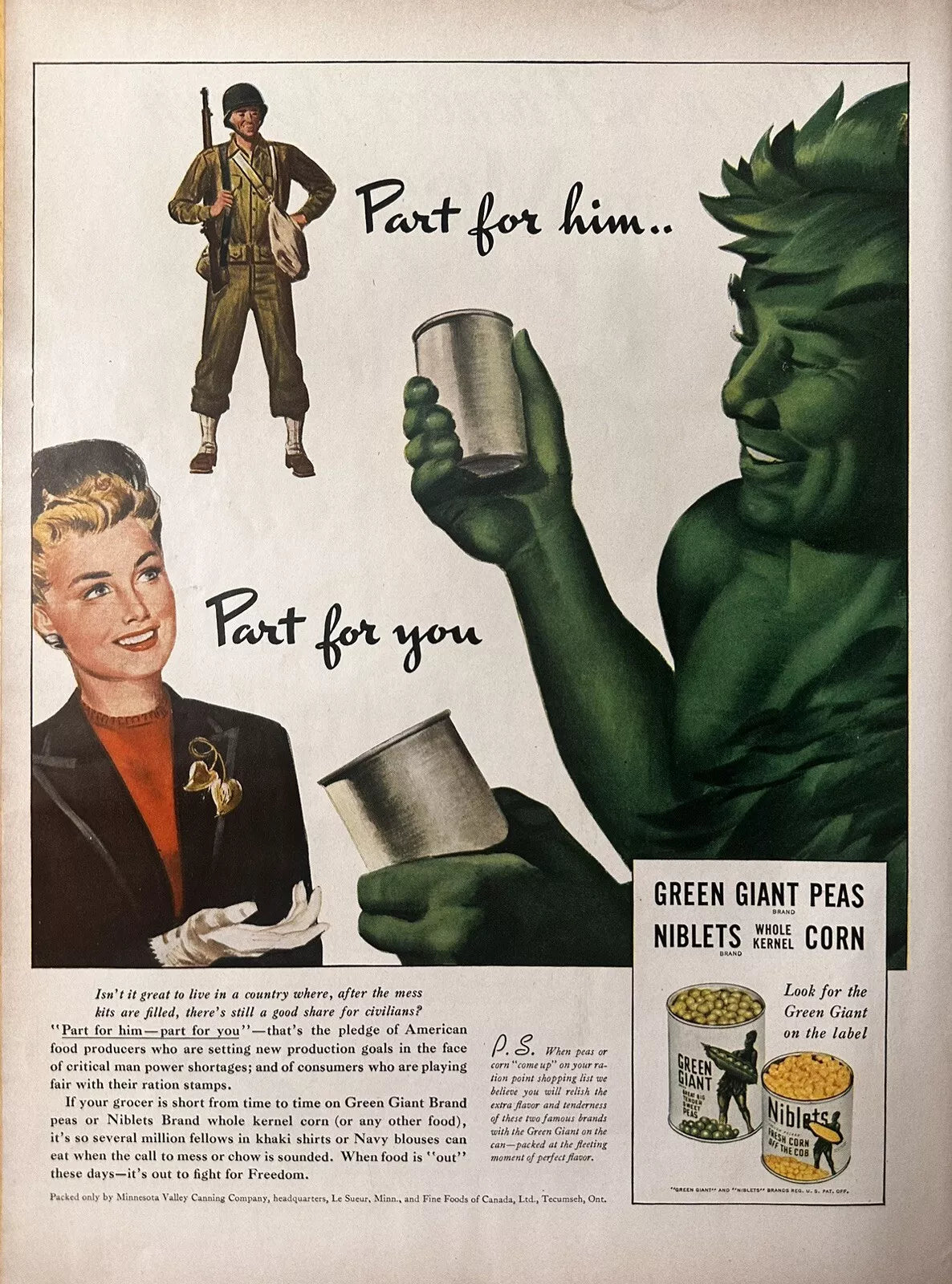 1943 Niblets Green Giant Peas & Fresh Corn Original Print Ad