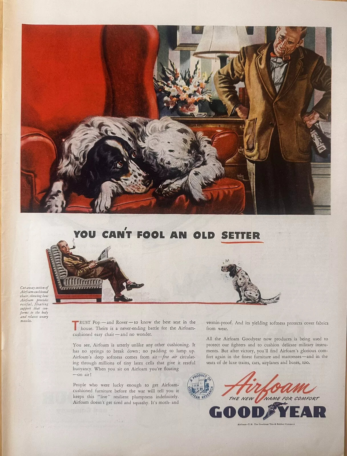 1944 Goodyear Airfoam Cushioning Print Ad, Vintage Home Furniture Advertisement