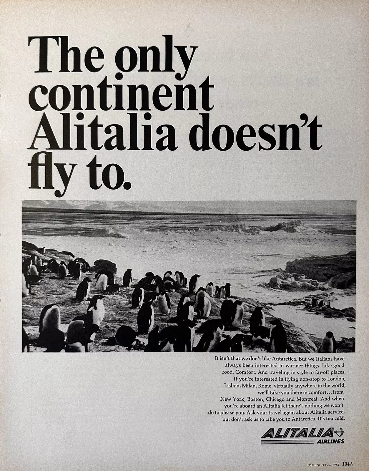 1965 Alitalia Airlines Original Print Ad - Antarctica, Penguins, Aviation