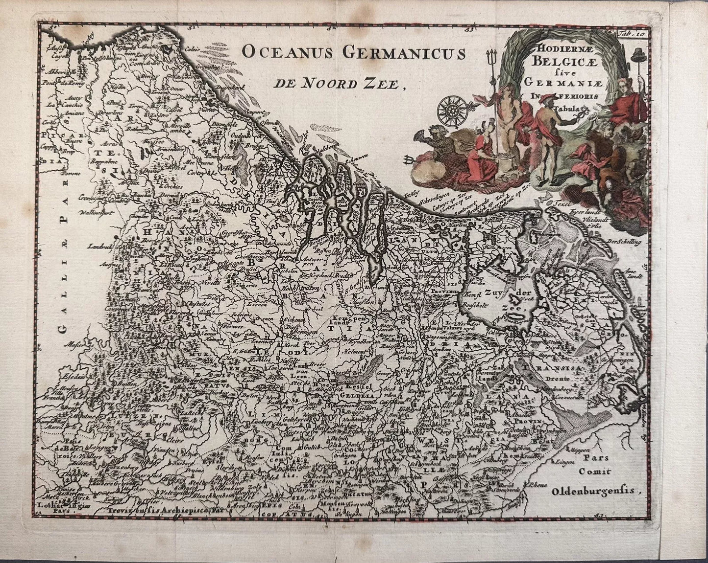 The product is an original antique map of modern Belgium or Lower Germany, dated 1697. It is a physical map printed using a copper plate technique by cartographer Philippi Cluveri. The map features a decorative antique cartouche and is from the 19th century.

Hodiernae Belgicae sive Germaniae Inferioris

Philippi Cluveri's "Introductionis in universam geographiam.. 1697

approx. 11.25 x 9 inches

copperplate engraving with hand coloring

Excellent condition: vertical folds as issued, penciled date at bottom