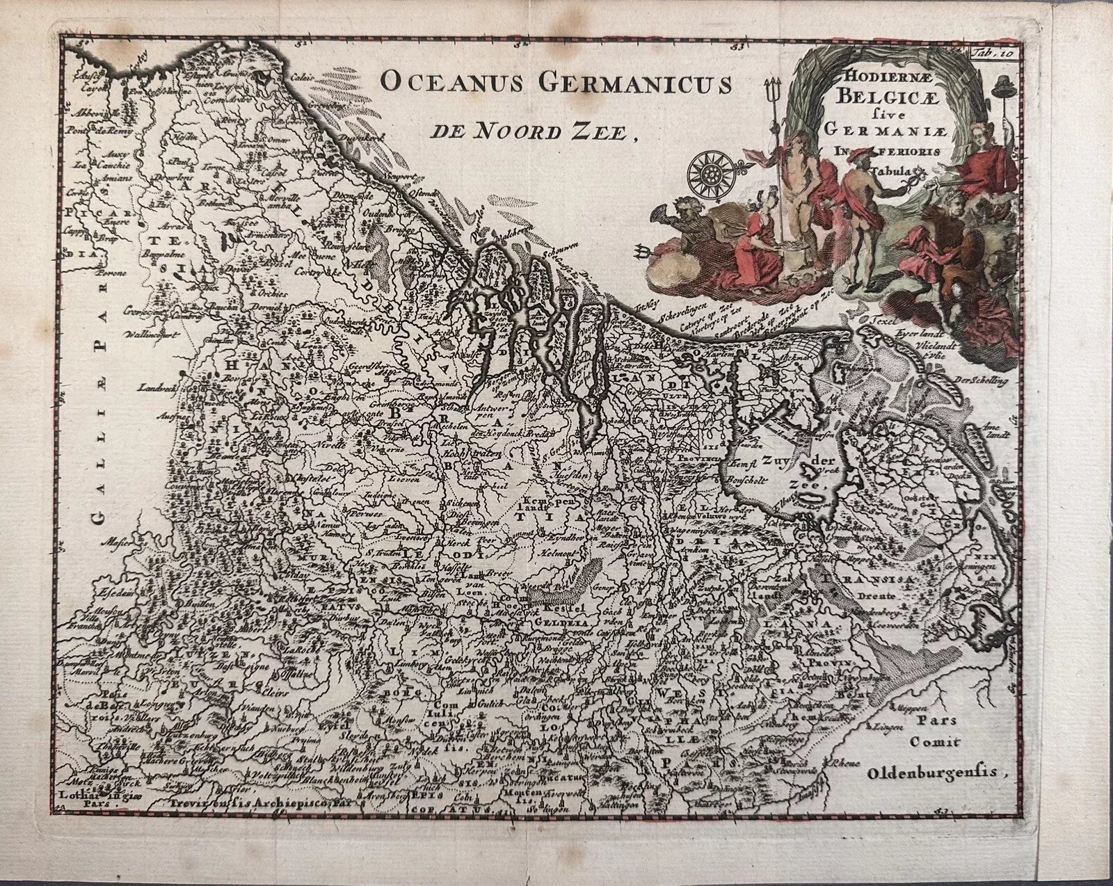 The product is an original antique map of modern Belgium or Lower Germany, dated 1697. It is a physical map printed using a copper plate technique by cartographer Philippi Cluveri. The map features a decorative antique cartouche and is from the 19th century.

Hodiernae Belgicae sive Germaniae Inferioris

Philippi Cluveri's "Introductionis in universam geographiam.. 1697

approx. 11.25 x 9 inches

copperplate engraving with hand coloring

Excellent condition: vertical folds as issued, penciled date at bottom
