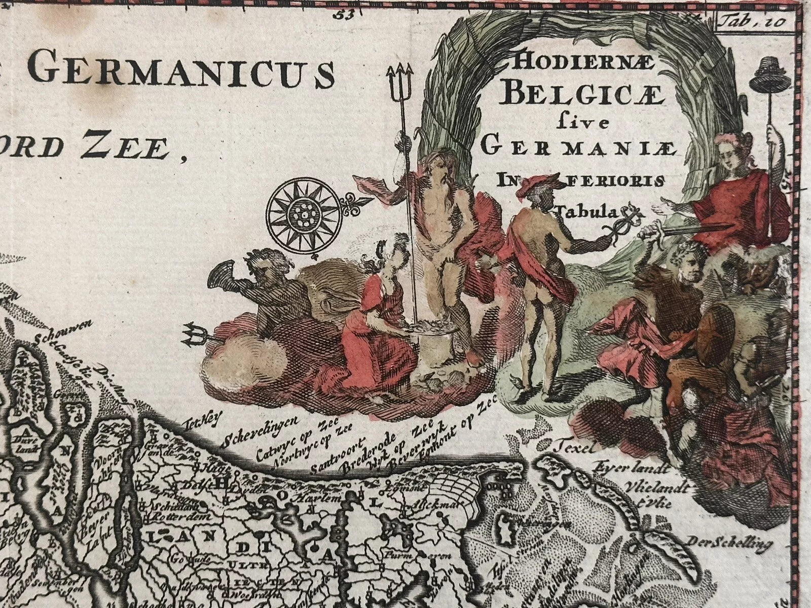 The product is an original antique map of modern Belgium or Lower Germany, dated 1697. It is a physical map printed using a copper plate technique by cartographer Philippi Cluveri. The map features a decorative antique cartouche and is from the 19th century.

Hodiernae Belgicae sive Germaniae Inferioris

Philippi Cluveri's "Introductionis in universam geographiam.. 1697

approx. 11.25 x 9 inches

copperplate engraving with hand coloring

Excellent condition: vertical folds as issued, penciled date at bottom