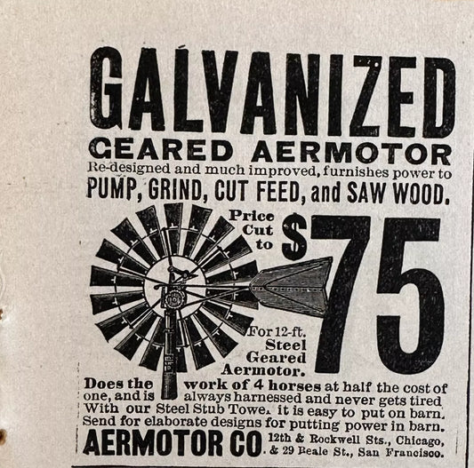 1896 Galvanized Geared Aermotor “Does The Work Of 4 Horses” Antique Print Ad