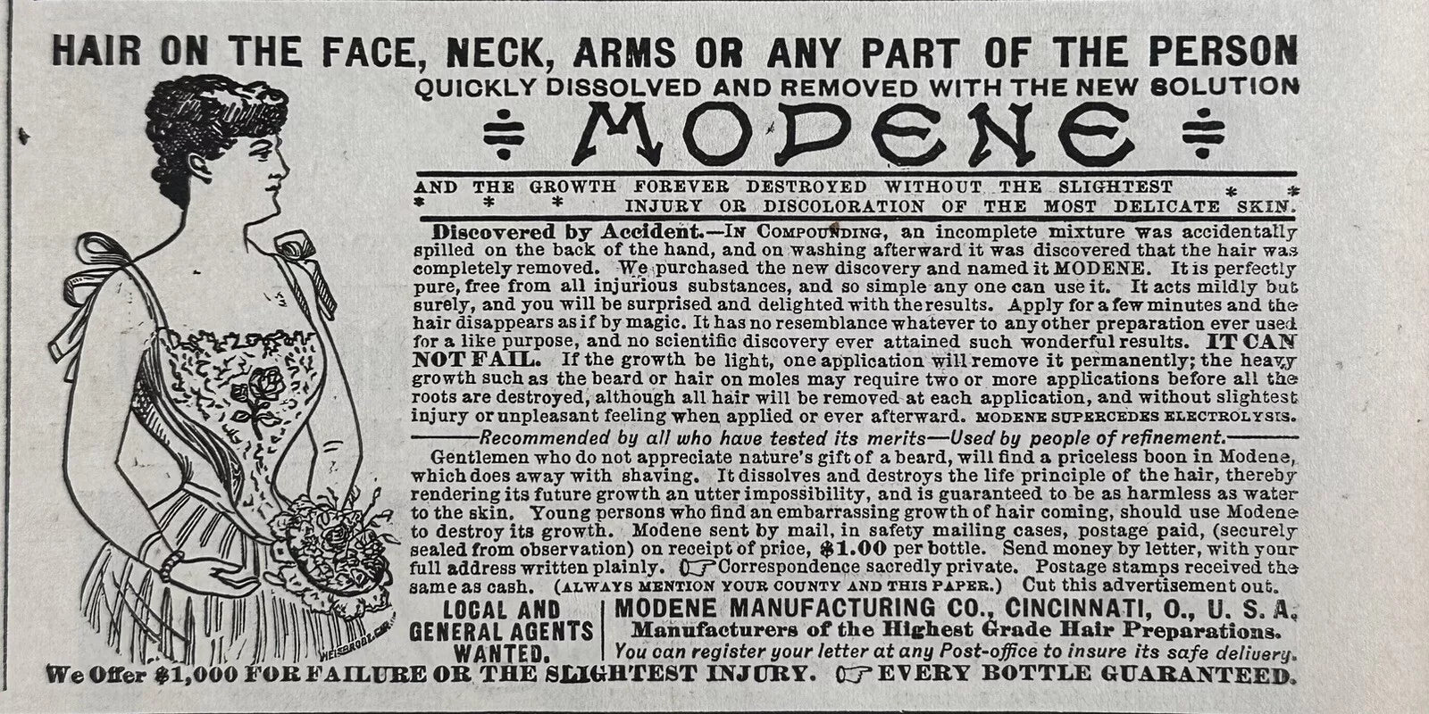 1896 Modene Hair Removal Quack Medicine Antique Print Ad, Quackery Memorabilia