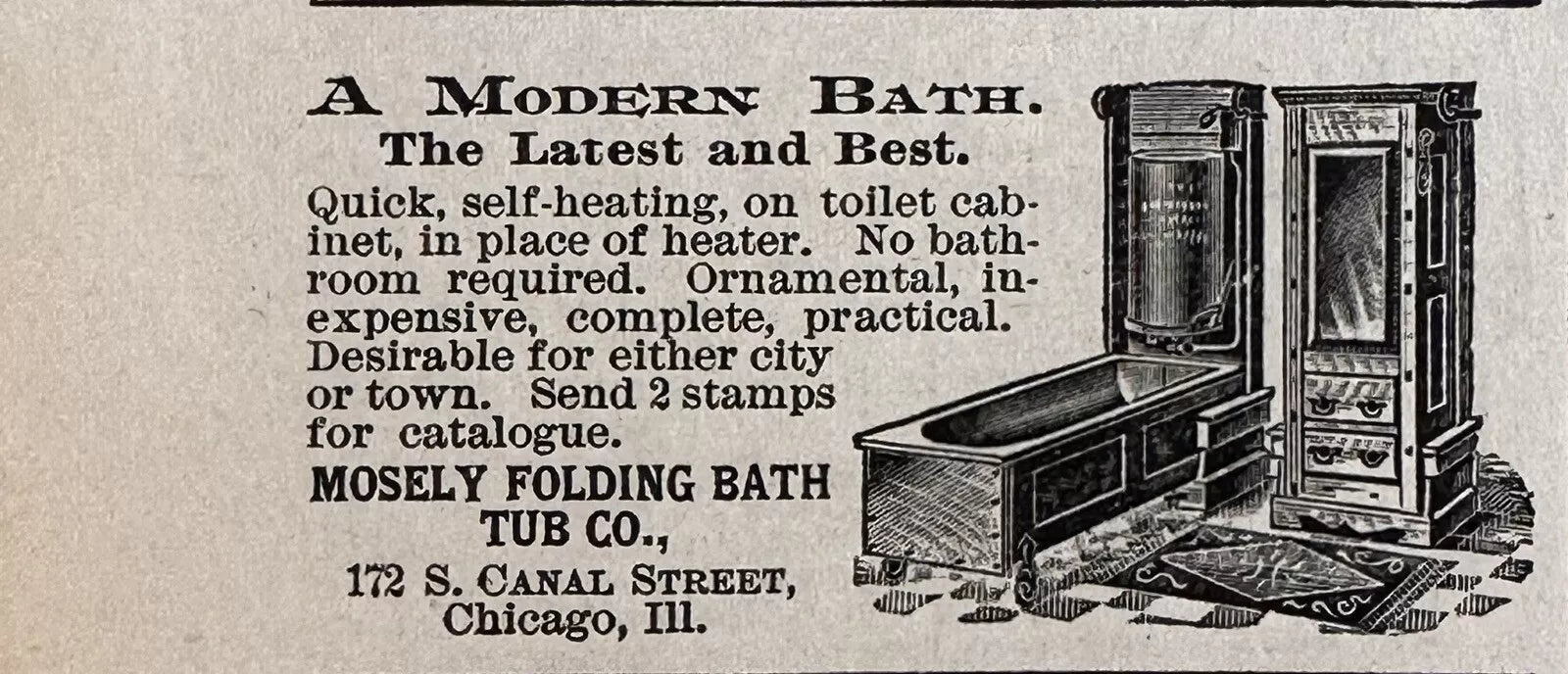 1896 Mosley Folding Bath Tub Antique Print Ad, Chicago Illinois