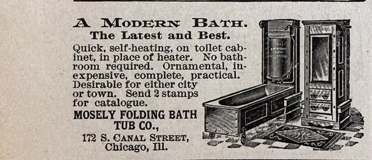 1896 Mosley Folding Bath Tub Antique Print Ad, Chicago Illinois