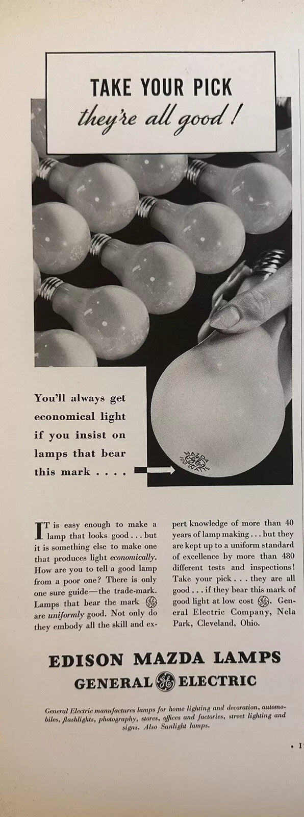 1934 General Electric Edison Mazda Lamps Original Print Ad