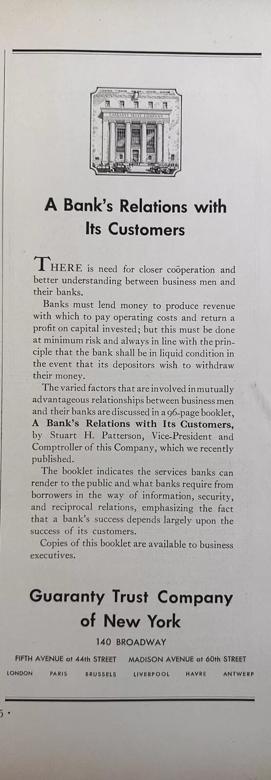 1934 Guaranty Trust Company Of New York Print Ad, Bank Relations Advertisement