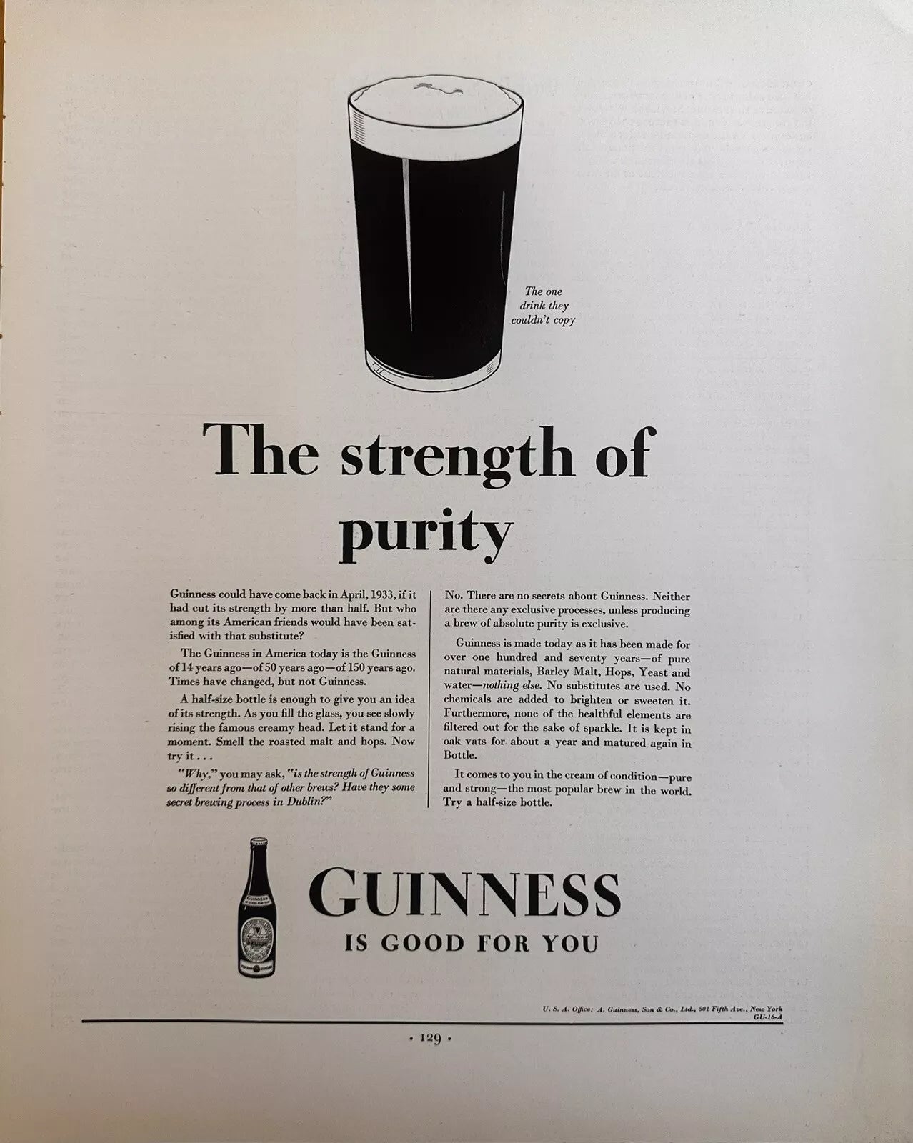 1934 Guinness Beer "The Strength Of Purity" Original Print Ad