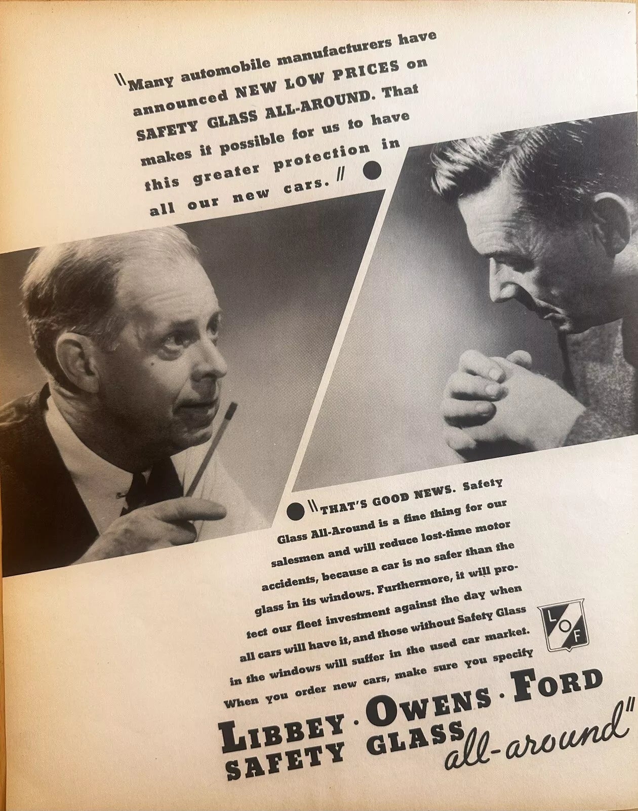 1934 Libbey Owens Ford Safety Glass Original Print Ad, Protection In Cars