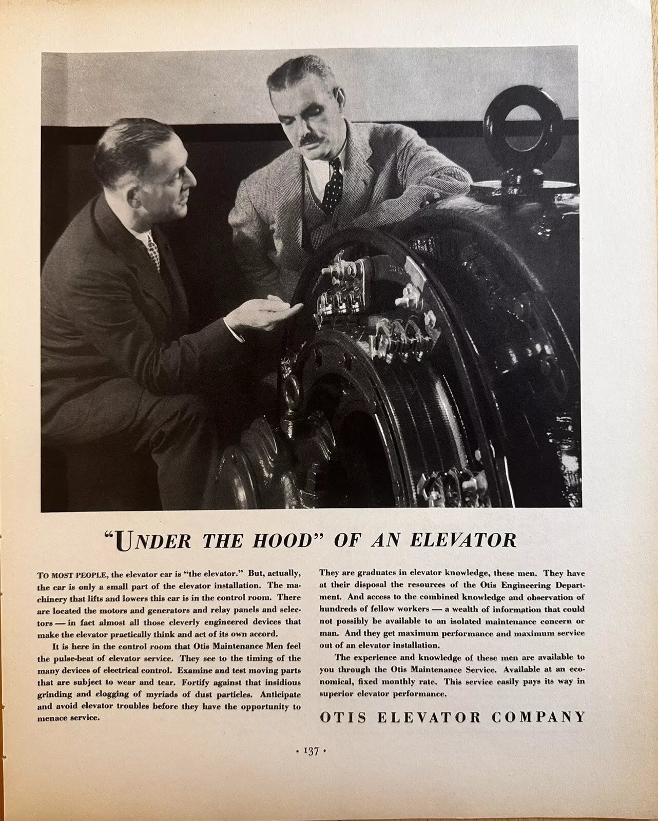 1934 Otis Elevator Company "Under The Hood" Original Print Ad