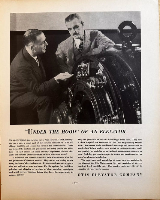 1934 Otis Elevator Company "Under The Hood" Original Print Ad