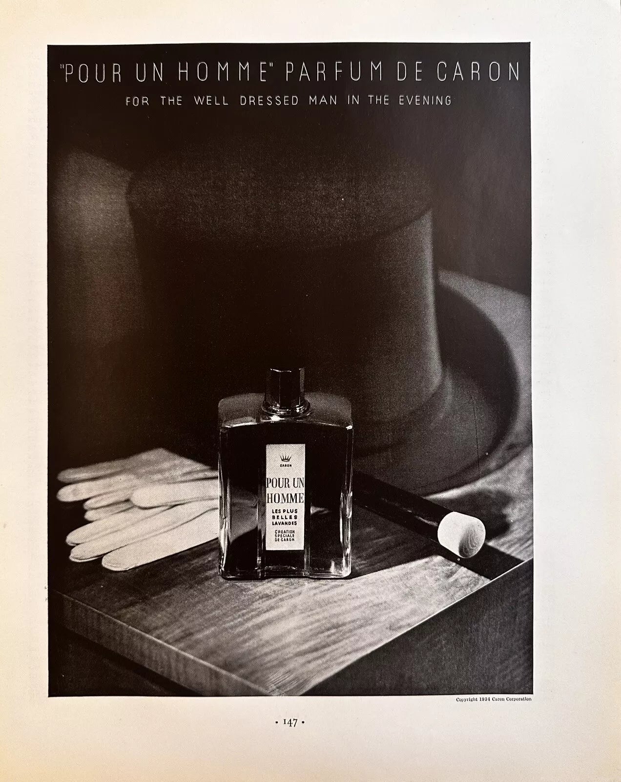 1934 Pour Un Homme Cologne By Caron Original Print Ad, Top Hat