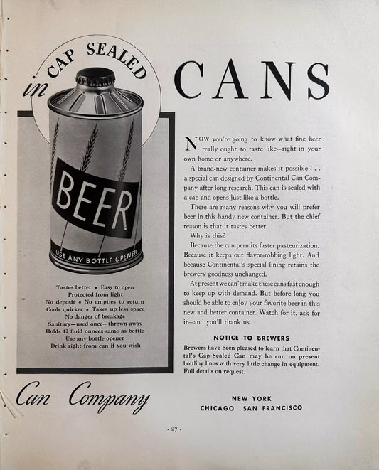 1935 Continental's Cap-Sealed Can “Use Any Bottle Opener” Original Print Ad