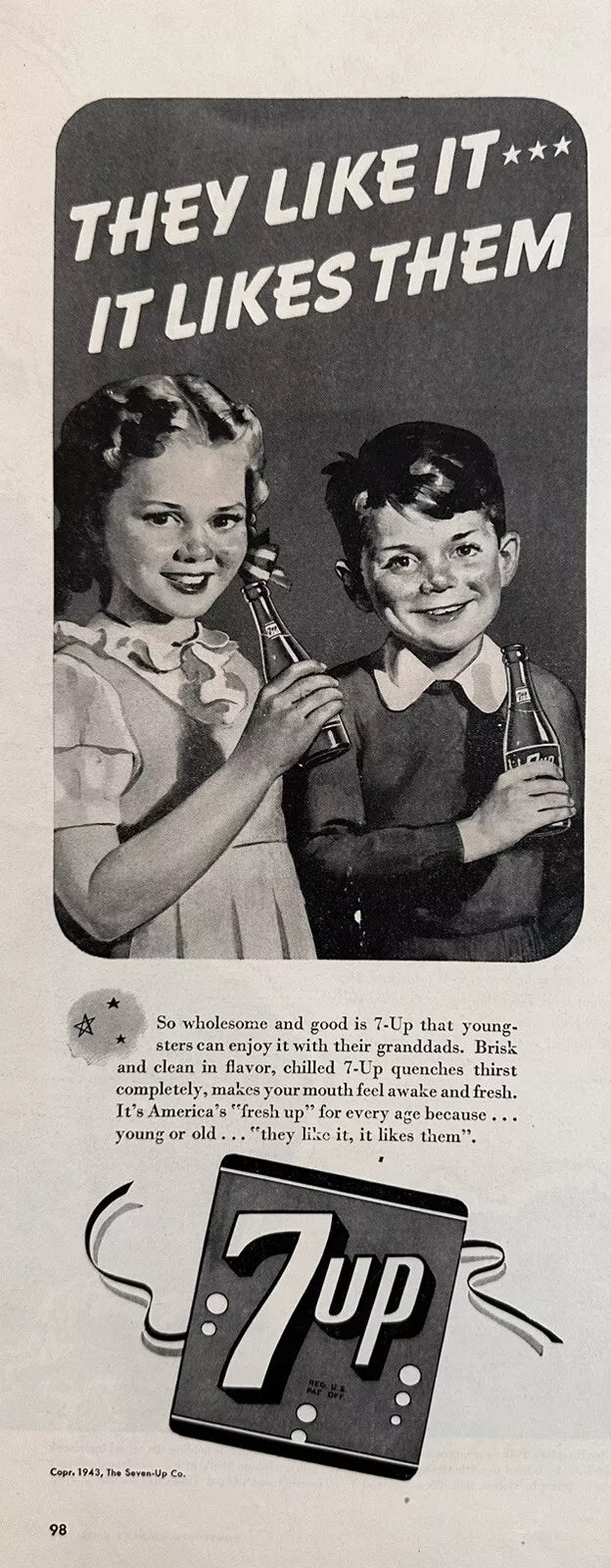 1943 7UP Soda Original Print Ad "They Like It, It Likes Them" 