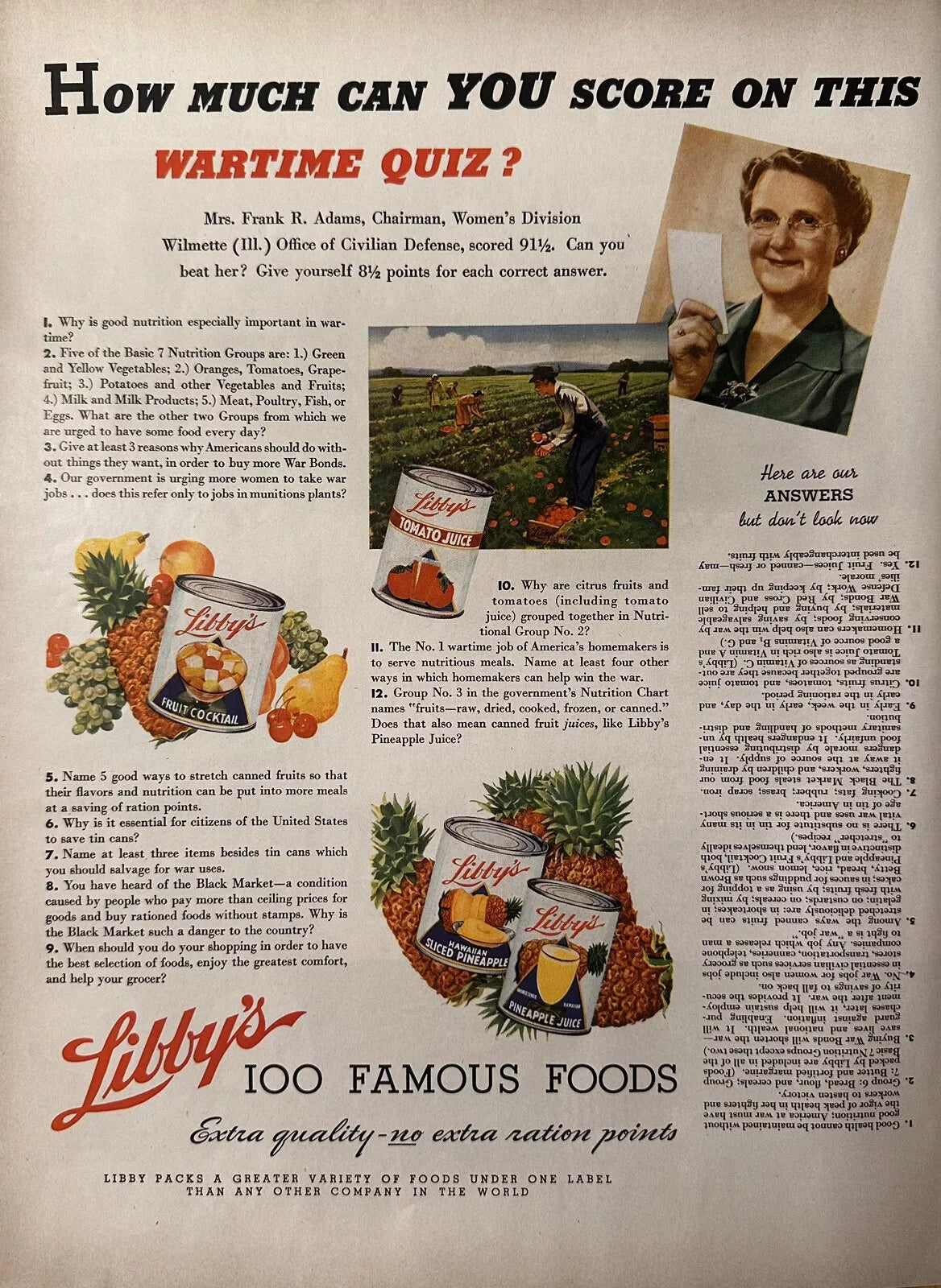1943 Libby’s Tomato Juice & Pineapple Juice Original Print Ad