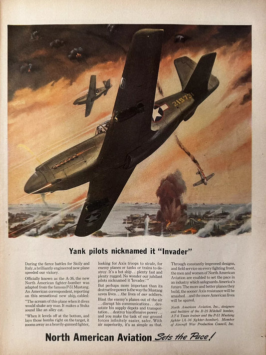 1943 North American Aviation WW2 Planes Illustrated Original Print Ad