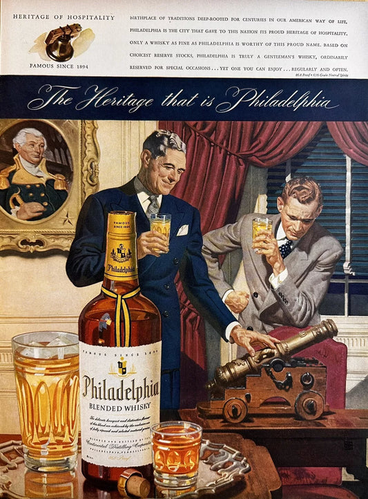 1943 Philadelphia Blended Whiskey Illustrated “Heritage That Is Philadelphia” Print Ad