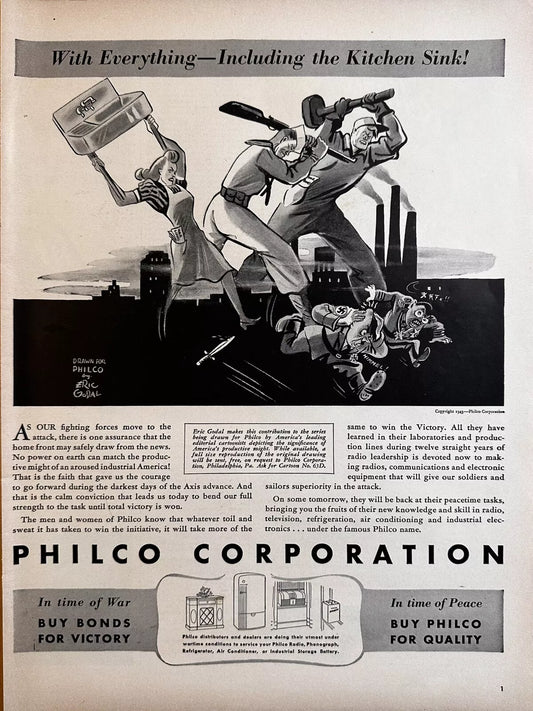 1943 Philco Kitchen Sink Original Illustrated Print Ad