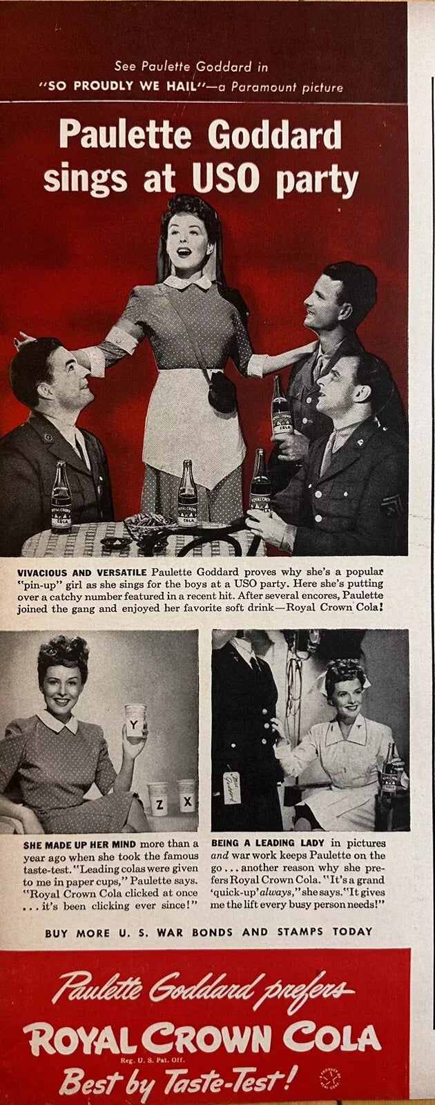 1943 Royal Crown Soda Vintage Print Ad, Paulette Goddard Sings At USO Party