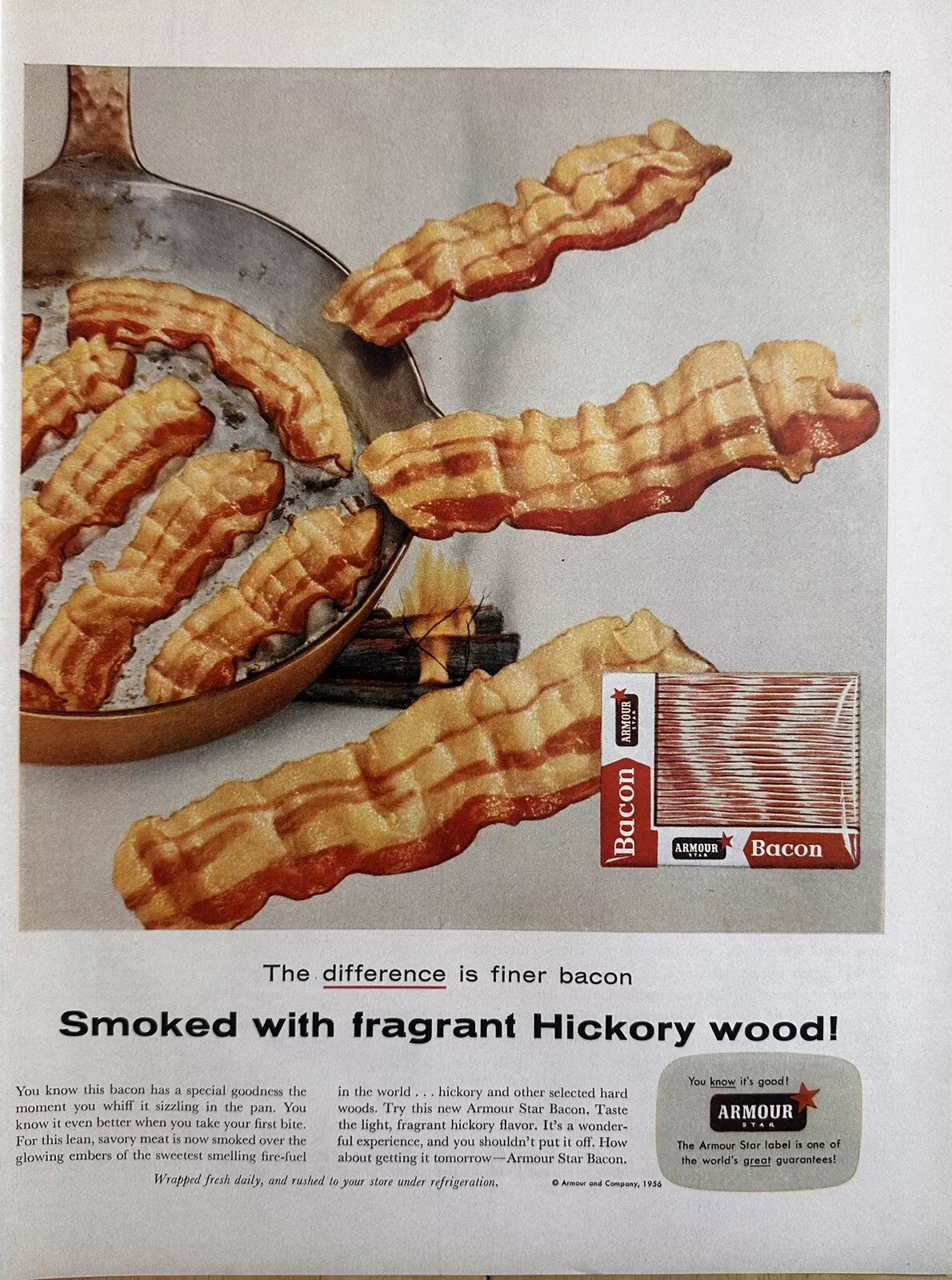 1956 Armour Star Smoked Hickory Wood Bacon Vintage Print Ad