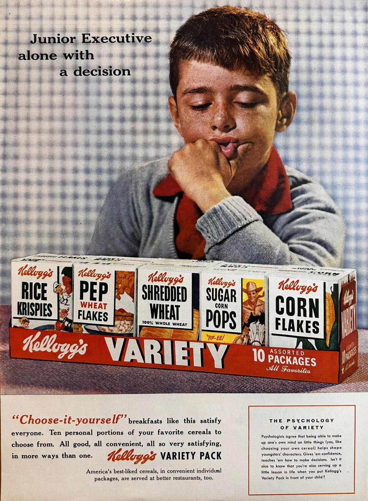 1956 Kellogg’s Variety Cereal Pack Vintage Print Ad