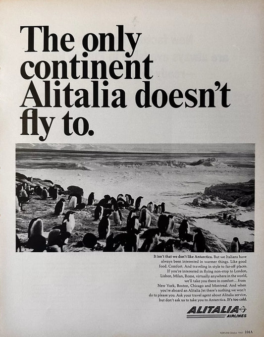 1965 Alitalia Airlines Original Print Ad - Antarctica, Penguins, Aviation