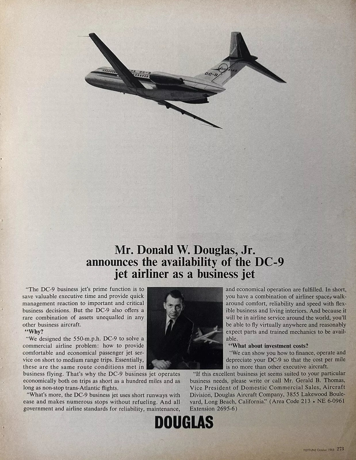 1965 Douglas DC-9 Airliner Original Print Ad, Donald Douglas Jr.