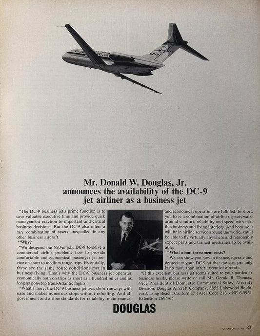 1965 Douglas DC-9 Airliner Original Print Ad, Donald Douglas Jr.