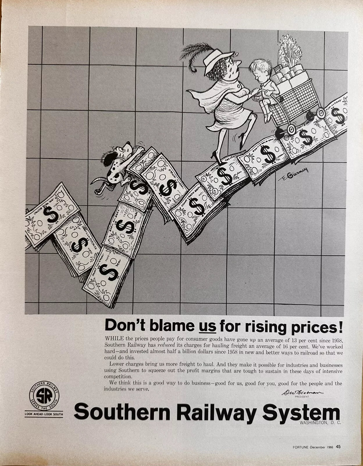 1966 Southern Railway System “Don’t Blame Is For Rising Prices” Vintage Print Ad