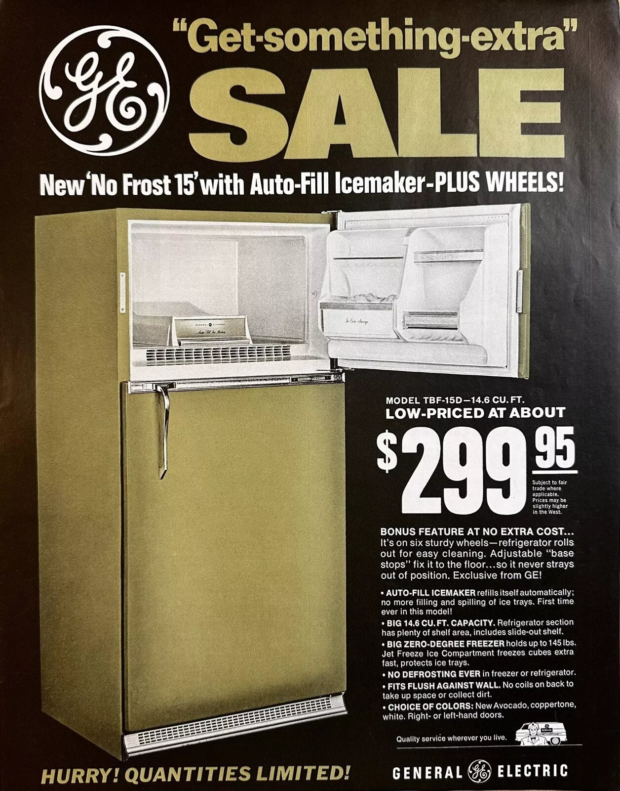 1967 General Electric “No Frost 15” Refrigerator With Ice Maker Vintage Print Ad