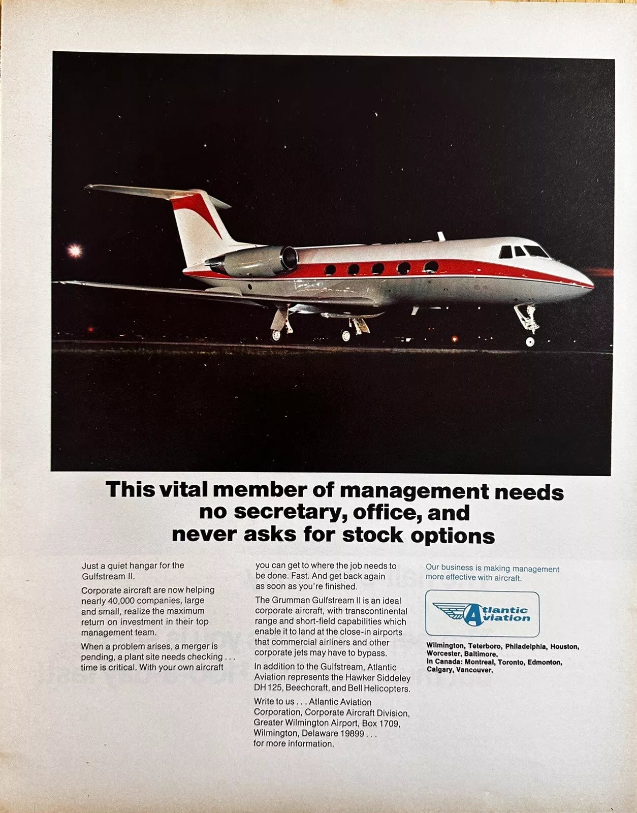 1970 Atlantic Aviation Original Print Ad, Grumman Gulfstream Aircraft